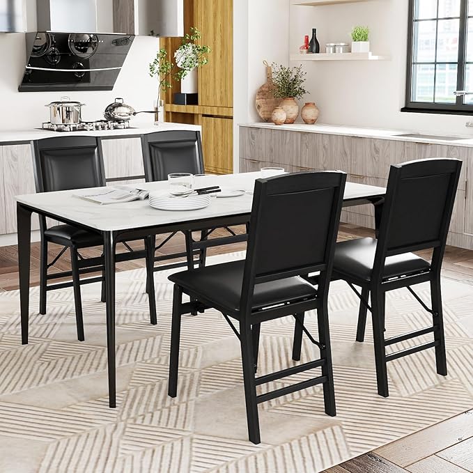 Giantex Folding Dining Chairs Set of 4, Black Wood Kitchen Chair w/Padded Seat, Solid Wood Frame, Max Load 400 Lbs, No Assembly, Easy to Store Foldable Wooden Dining Chairs for Apartment, Small Space