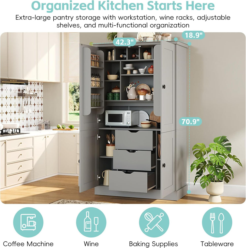 Freestanding Kitchen Pantry,Tall Storage Workstation with 4 Doors, 6 Door She...