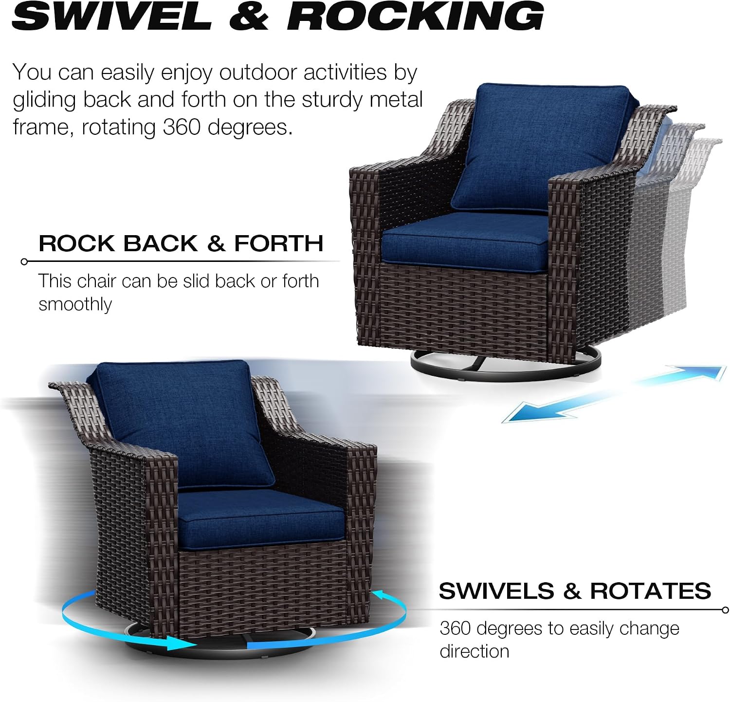 Wicker Patio Furniture Sets, 8 Pieces Upgraded Large Size Outdoor Furniture with Swivel Rocking Patio Chairs, Patio Dining Chair, 3-Seat Sofa, Outdoor Ottoman, Thick Cushions, Wide Armrest