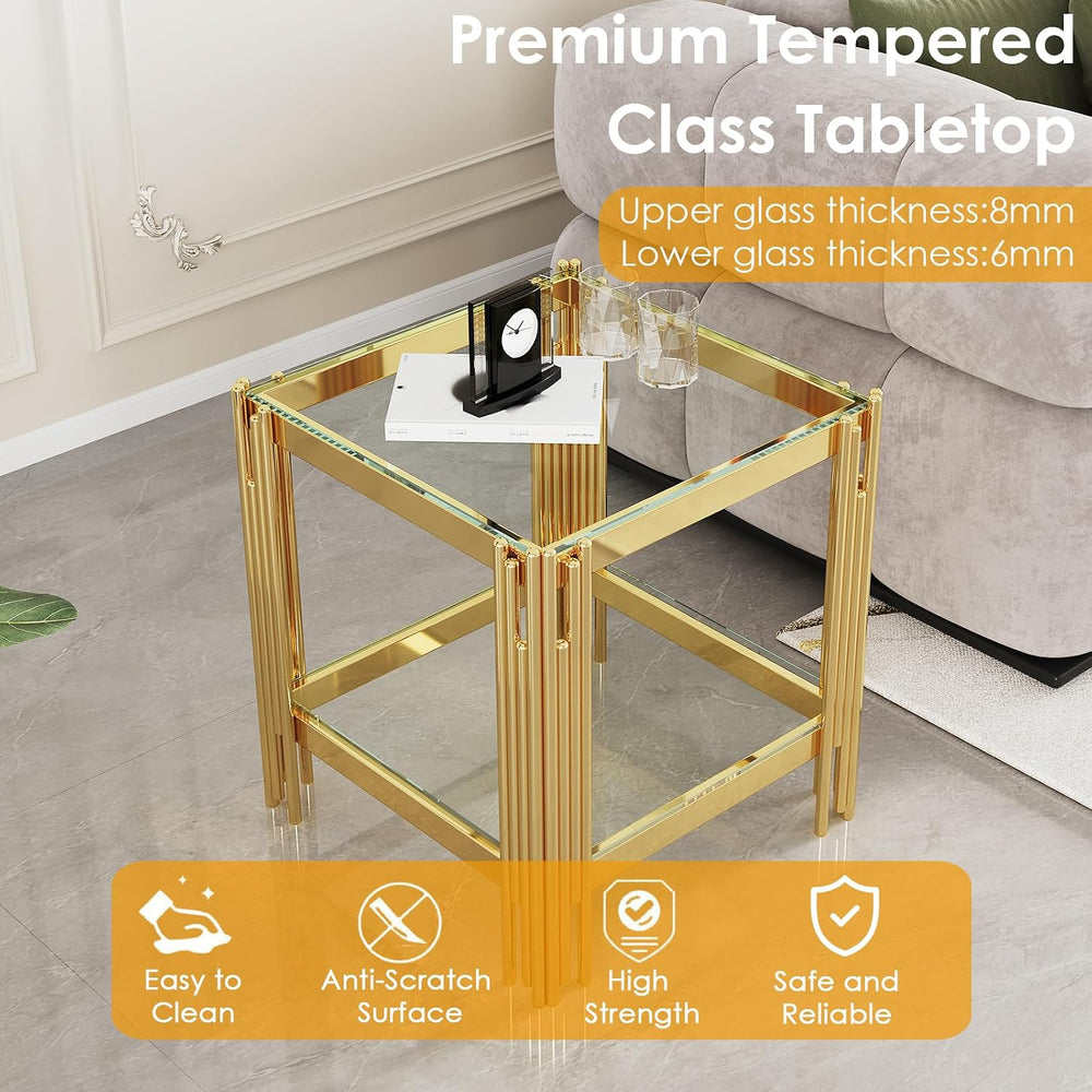 Small Side Table, Square End Table with Tempered Glass & Irregular Gold S...