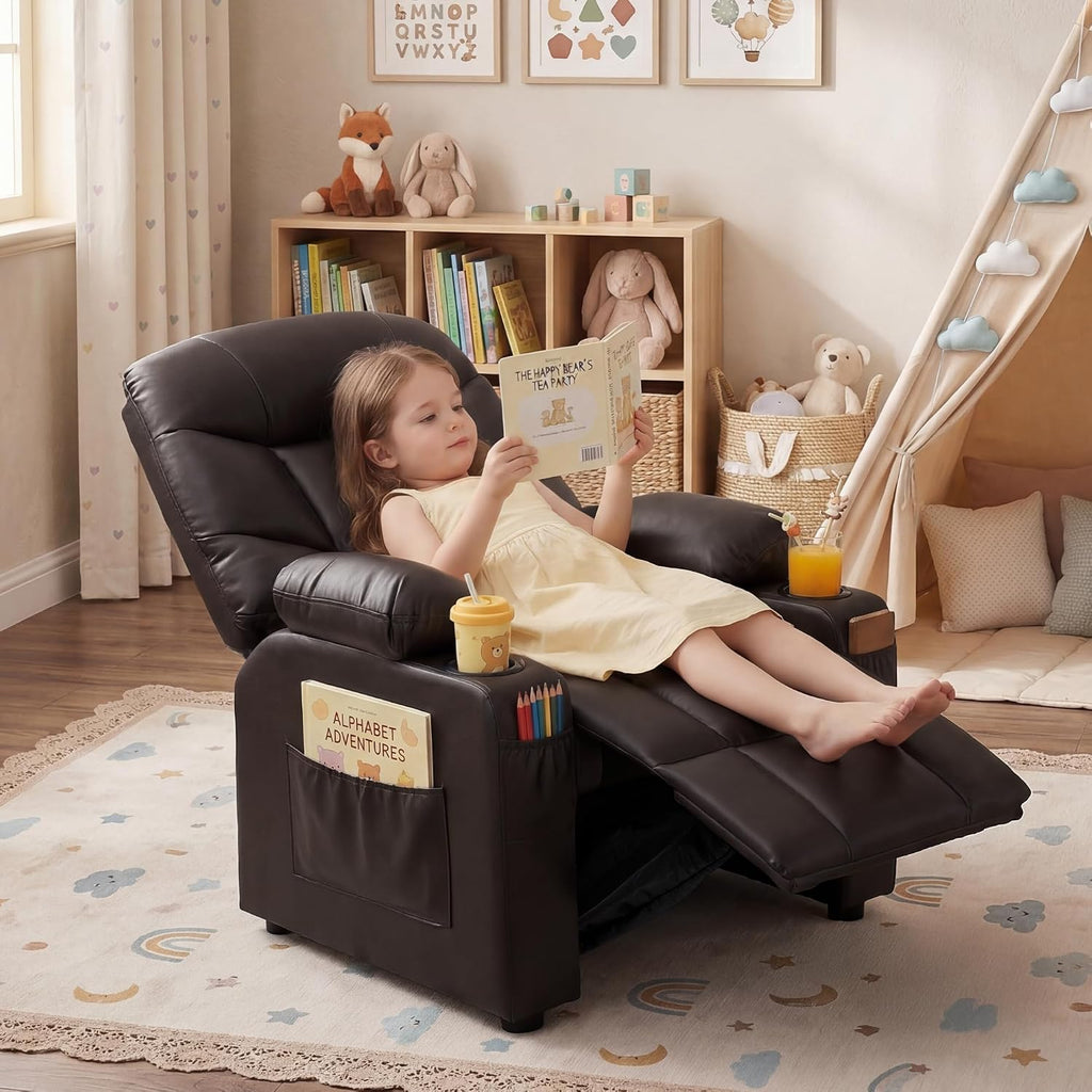 Donut Larger Kids Reclining Chair PU Leather Recliner Sofa Push Back Lounge Children Toddler Boys Girls Ages 3-12 with Dual Cup Holders and 4 Pockets