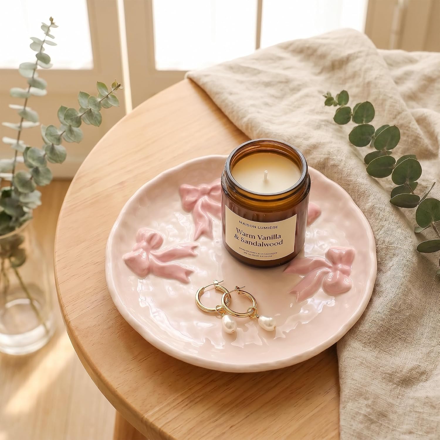 Ceramic Jewelry Tray Ring Dish Holder for Women, Trinket Plate Bowl with Pink Bow, Large Jewelry Organizer for Vanity Decor, Home Decoration for Her Mother's Day