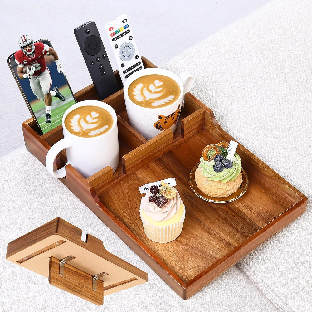 Couch Insert Tray for Middle Seat, Acacia Wood Couch Table with 2 Cup Holders...
