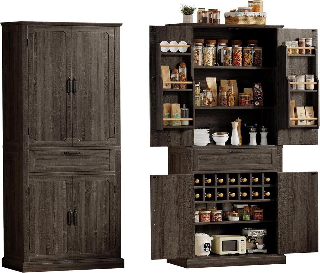 Ball & Cast Farmhouse Kitchen Pantry Cabinet, Brown, 71 Inch | Adjustable shelves, microwave shelf, wine rack & drawer storage