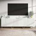 Fluted TV Stand for 90 Inch TV, Modern TV Stand Console, White Entertainment Center with 3 Storage Cabinets, Adjustable Shelves & Gold Handles, Wood Media Cabinet for Living Room