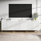 Fluted TV Stand for 90 Inch TV, Modern TV Stand Console, White Entertainment Center with 3 Storage Cabinets, Adjustable Shelves & Gold Handles, Wood Media Cabinet for Living Room