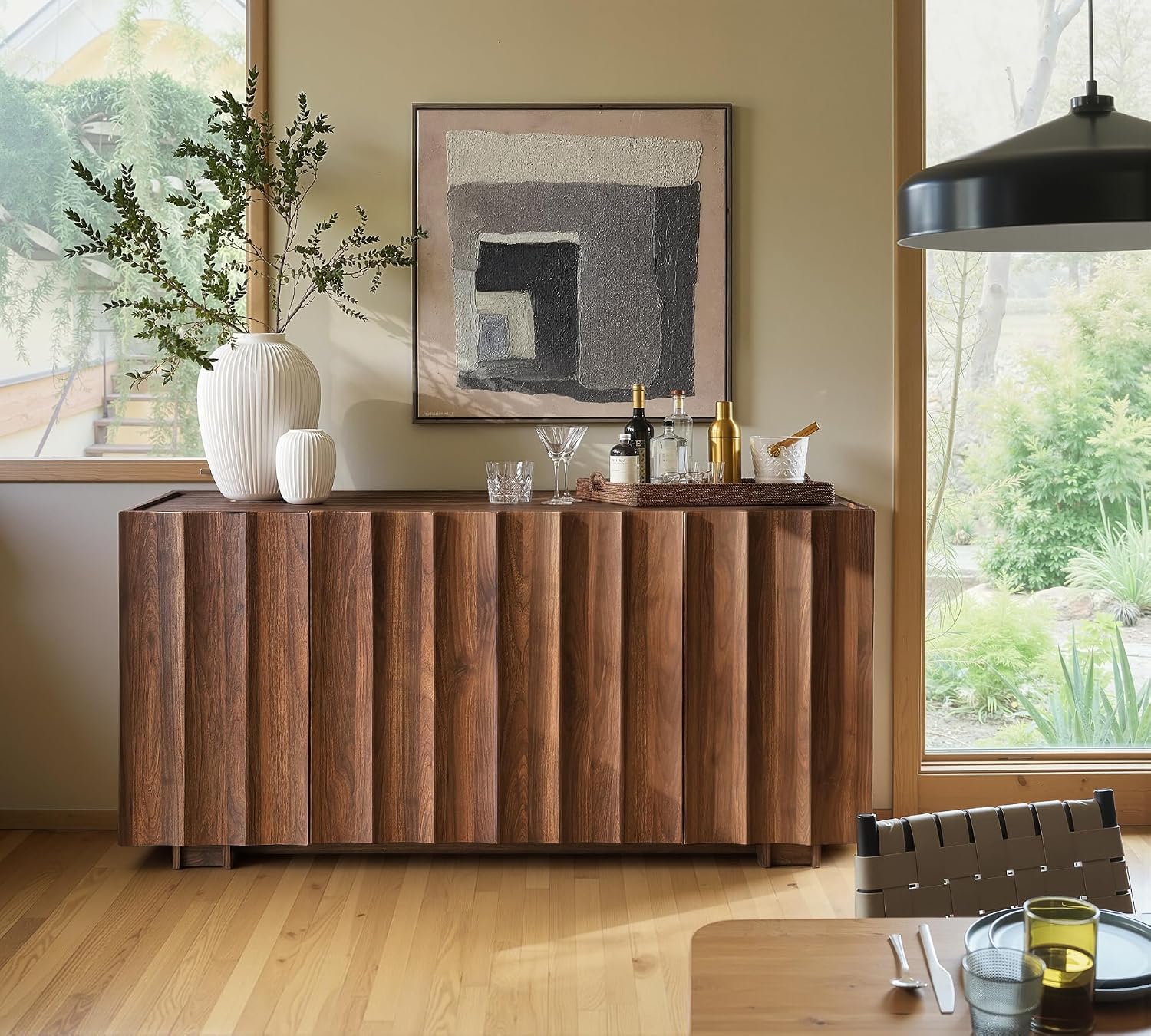 win2win 61.7" Fluted Sideboard Buffet Cabinet with Storage, Walnut | Mid Century Modern Credenza with Adjustable Shelves, Modular Accent Cabinet for Living Dining Room Hallway,Wave Design