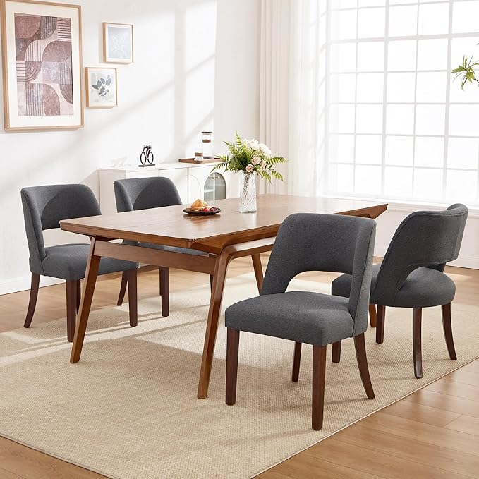 Dining Chairs Set of 4,Modern Dining Room Chairs with Thick Cushions,Upholstered Linen Fabric Kitchen Chairs for Kitchen Dining Room Darkgrey