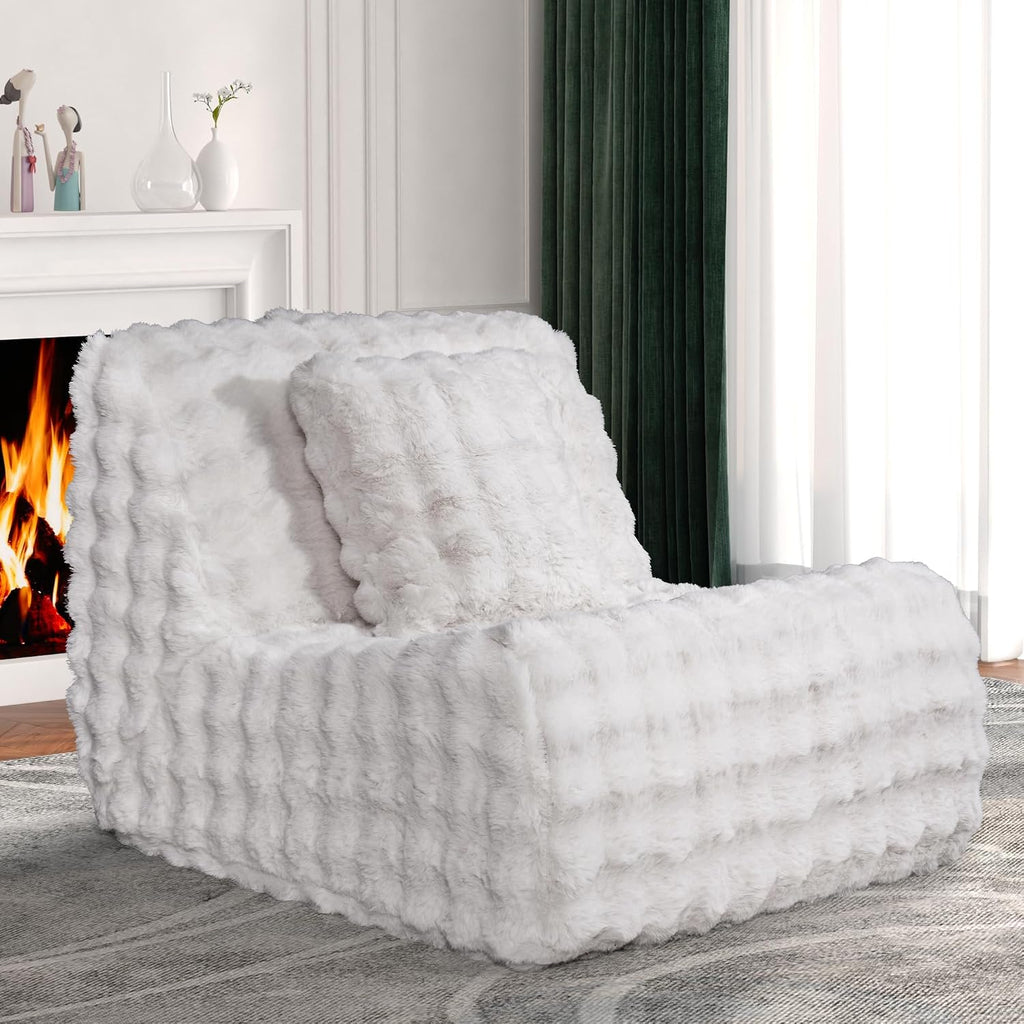 Bean Bag Chair for Adults, Giant Bean Bag Chair with Pillow, Oversized Chaise Lounge Chair Indoor with Soft Faux Fur for Living Room Bedroom or Reading Nook