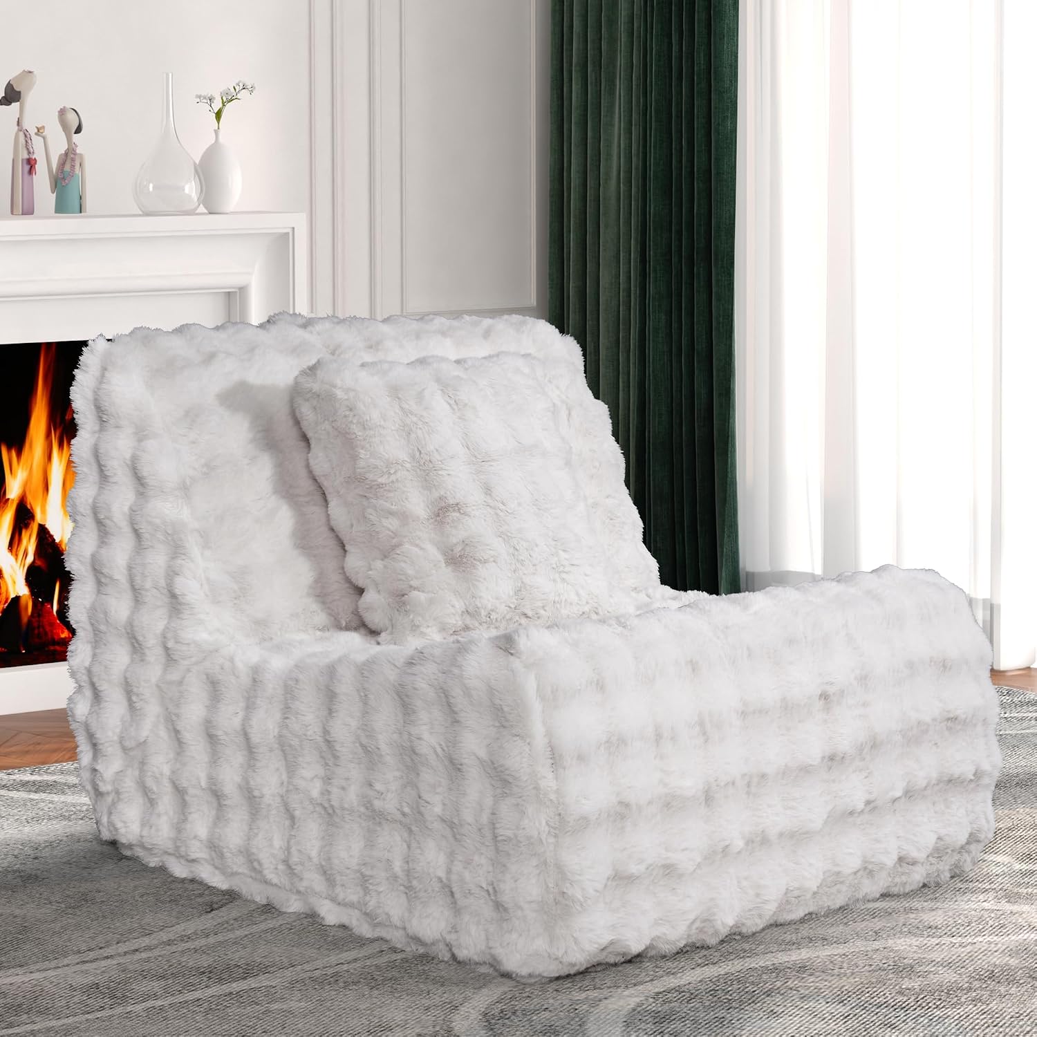 Bean Bag Chair for Adults, Giant Bean Bag Chair with Pillow, Oversized Chaise Lounge Chair Indoor with Soft Faux Fur for Living Room Bedroom or Reading Nook