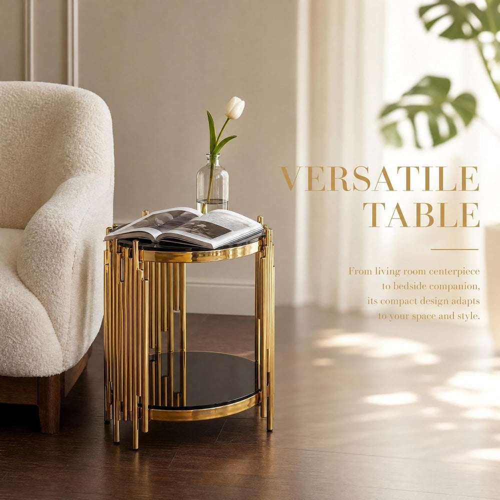 Modern Round End Table Gold Side Table with Glass Top Living Room