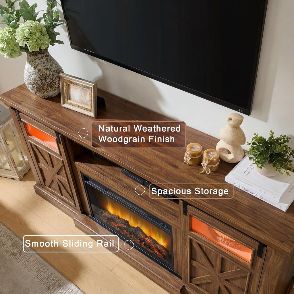 Fireplace TV Stand for up to 80 Inch TVs, 32’’ Tall LED Entertainment Center with Electric Fireplace, Farmhouse TV Console Table w/Sliding Barn Door & Window for Living Room, Brown