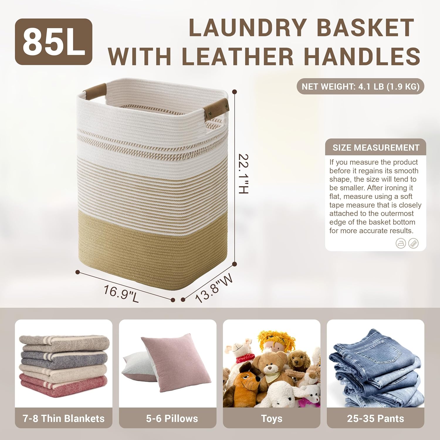 85L Tall Laundry Hamper with Handles for Living Room Storage, Extra Large Woven Rope Baskets Bin for Blanket, Kids Toy, Gifts, Wicker Hamper for Bedroom Dirty Clothes, 17"x14"x22" Khaki
