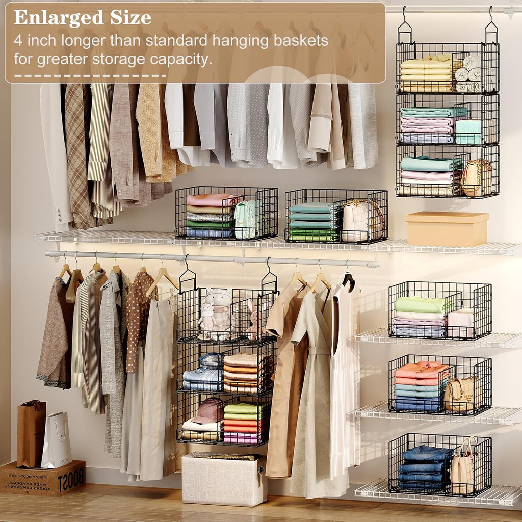 Sonyabecca 3-Tier Extra Large Closet Hanging Organizer with Dividers, Clothes Hanging Shelves with 2 Hanging Hooks & 5 S-Hooks, Wire Storage Baskets for Sweaters, Shoes, Handbags & Accessories