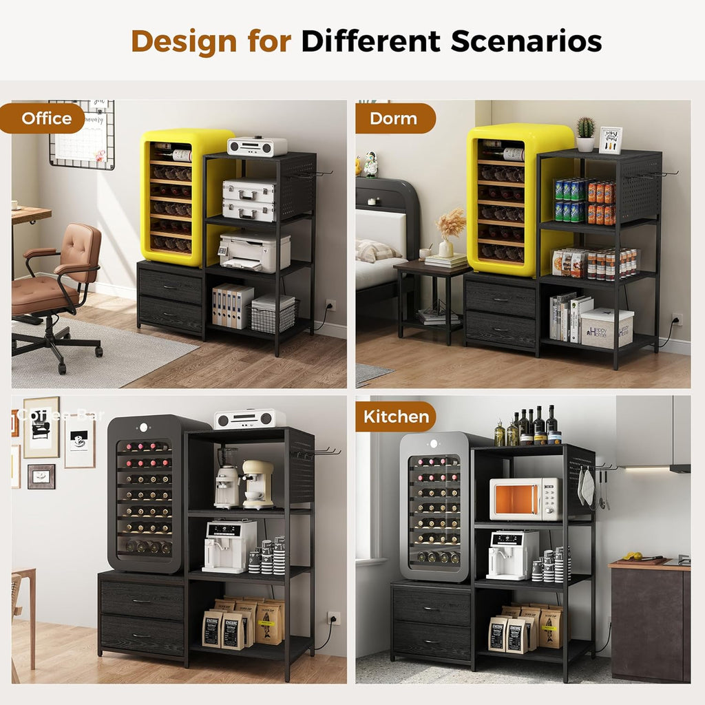 Mini Fridge Stand with Adjustable Shelf, Power Outlet & Storage, Kitchen Organizer for Microwave, Coffee Bar, Dorm, Office (Black)