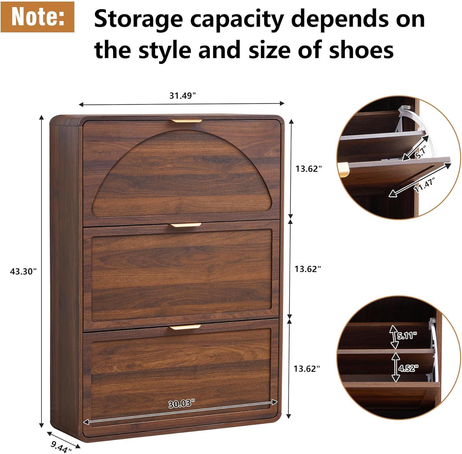 Hidden Shoe Cabinet with Drawer, Free Standing Narrow Shoe Rack Cabinet for Entryway Slim, 3 Flip Drawer Shoe Storage Organizer Cabinet for Entry,Hallway,Door,Dorm,Small Spaces - Walnut