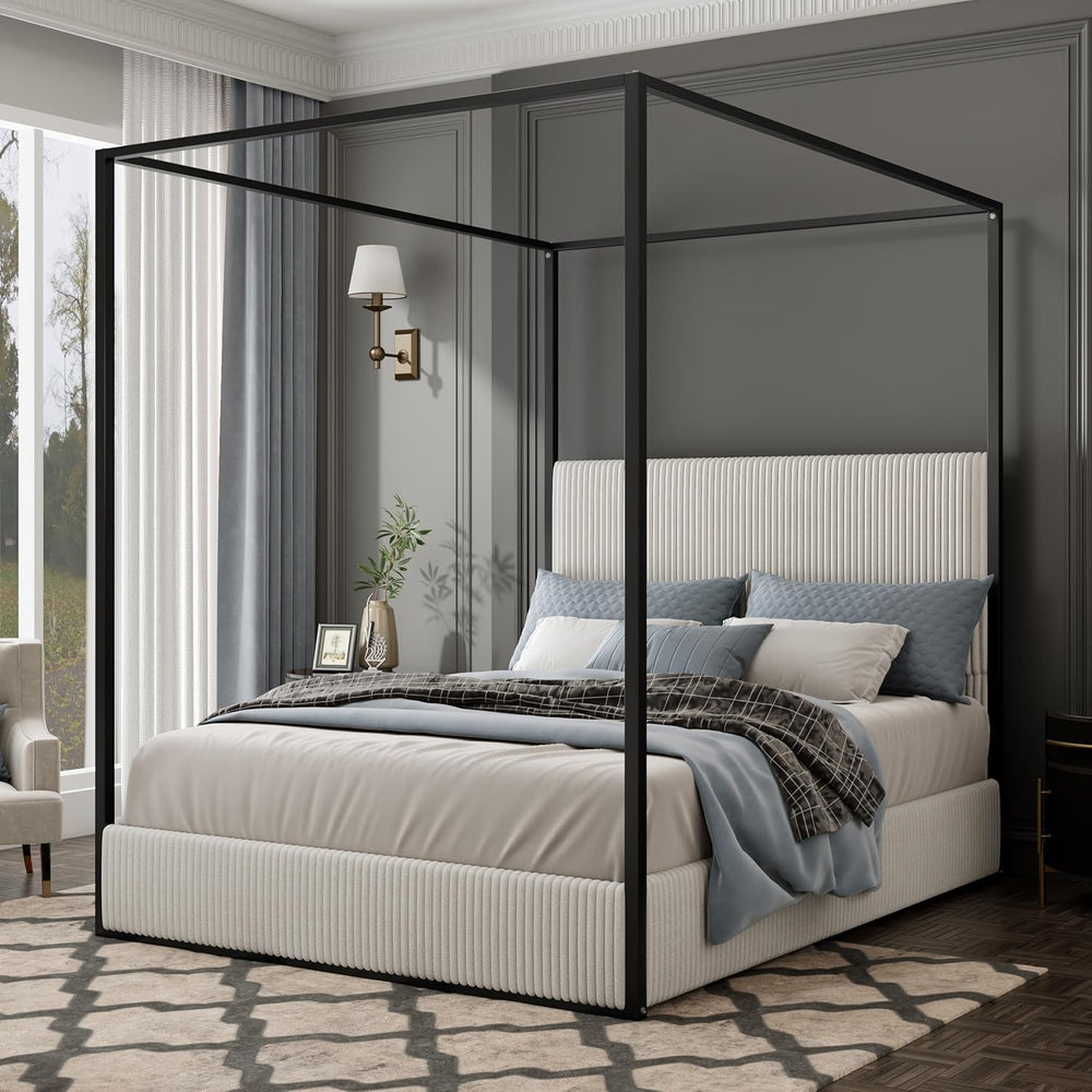 GDFStudio Modern Queen Size Luxury Metal Canopy Bed with 49.5" Velvet Up...