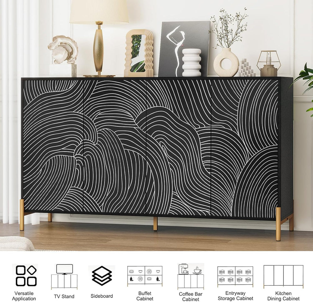 59" Buffet Cabinet, Wood Accent Cabinets with 4 Doors, Modern Cabinet wi...