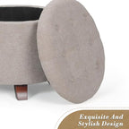 Athena Collection 20 Inch Small Ottoman with Storage, Round Linen Fabric Storage Ottoman with Removable Lid, Stylish Footstool Foot Rest for Living Room, Bedroom, Dorm, Khaki