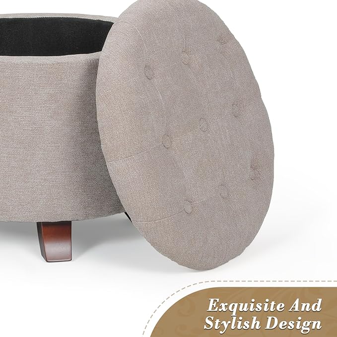 Athena Collection 20 Inch Small Ottoman with Storage, Round Linen Fabric Storage Ottoman with Removable Lid, Stylish Footstool Foot Rest for Living Room, Bedroom, Dorm, Khaki