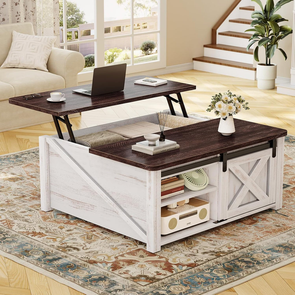 SEDETA 31.5" Lift Top Coffee Table with Storage, Square Coffee Tables for Living Room, Farmhouse Coffee Table with Large Hidden Storage Compartment and Adjustable Shelves, Vintage White