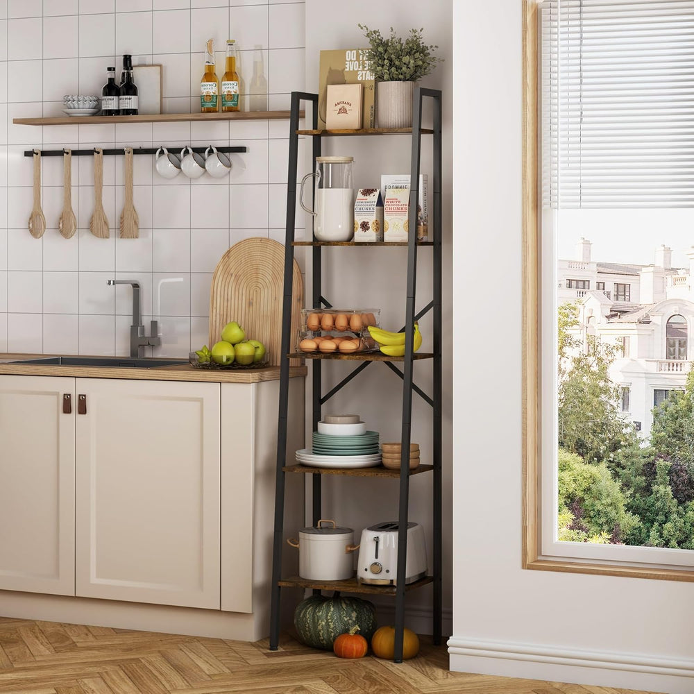 Hoctieon Industrial Ladder Bookshelf, Multifunctional Ladder Shelf, 5-Tier Ta...
