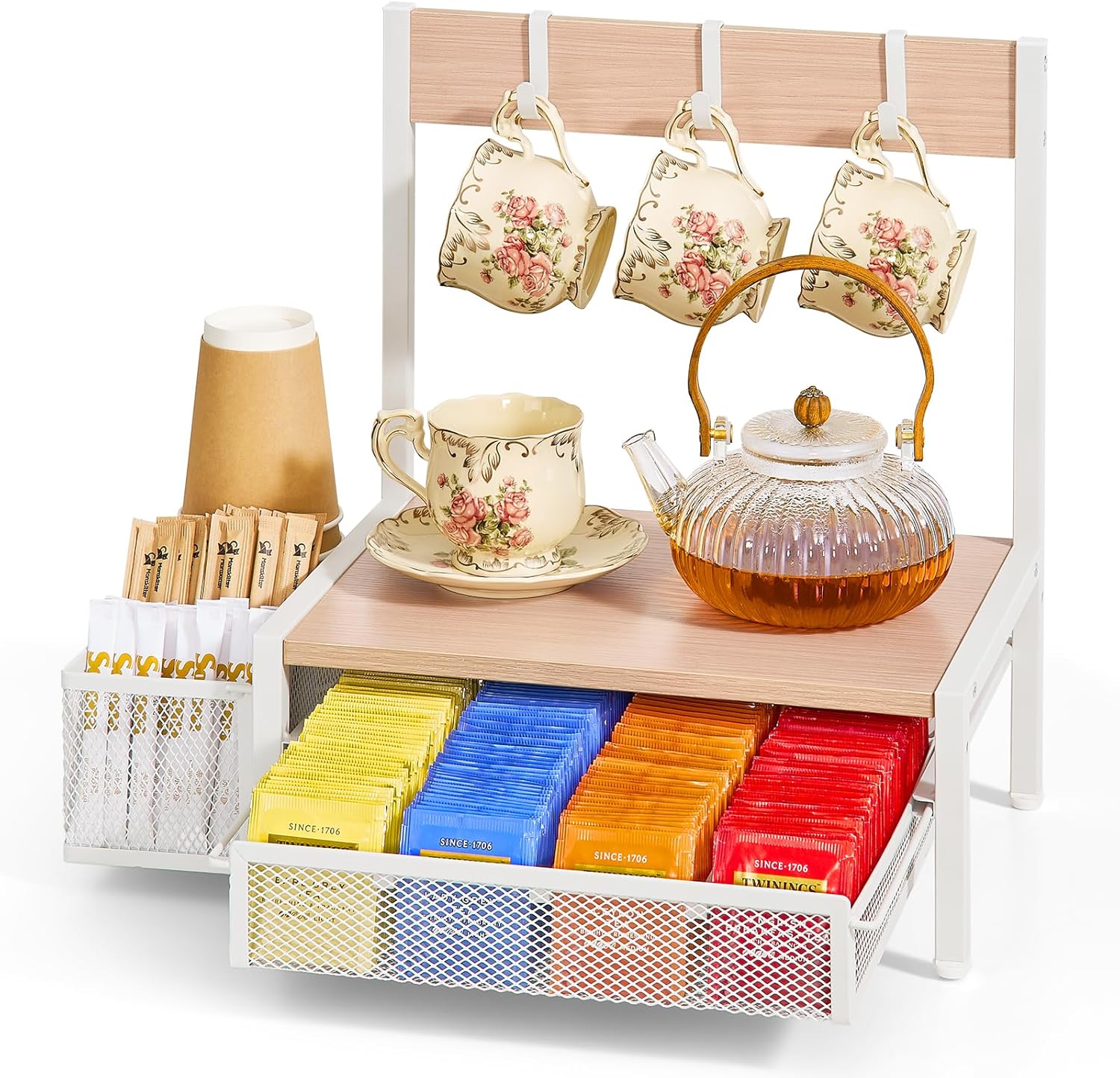 Tea Bag Organizer, Wood Tea Organizer and Storage Cheast, Tea Bag Holder with Storage Drawer, 4 Hooks for Tea Cups Holder, Tea Station Chest Display Container Box for Countertop Kitchen (White)