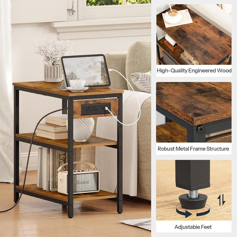 HOOBRO End Table with Charging Station, Side Table with 3 Tier Storage Shelf,...