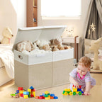 Large Toy Box with Flip-Top Lid, Collapsible Storage Organizer Bins with Dividers and Handles, Kids Bin Chest Baskets for Toys, Playroom Organizers, Nursery 25"x13" x16" (Beige & White)
