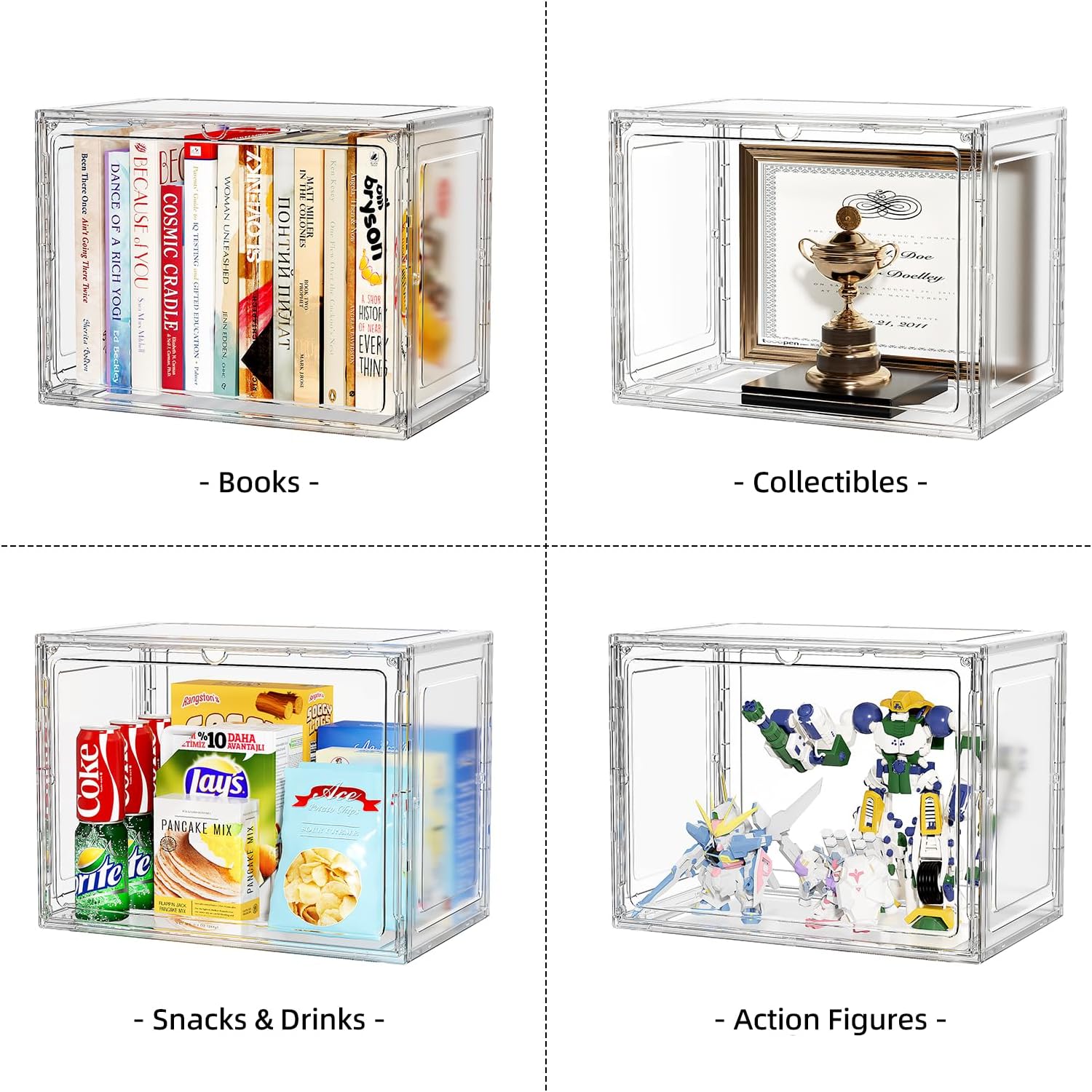 Clear Display Case for Collectibles, Purse Organizer for Closet, Handbag Storage Organizer 5 Pack Stackable Storage Boxes with Magnetic Lid for Shoes, Books, Purse, White