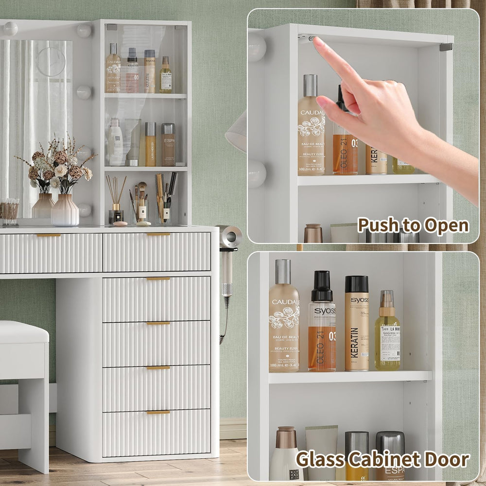 Yanosaku 47" Fluted Vanity Desk with Mirror & LED Lights, 7-Drawer M...