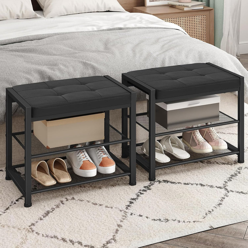 HOOBRO Small Shoe Bench, 3-Tier Shoe Rack, Shoe Storage Bench with PU Seat Cu...