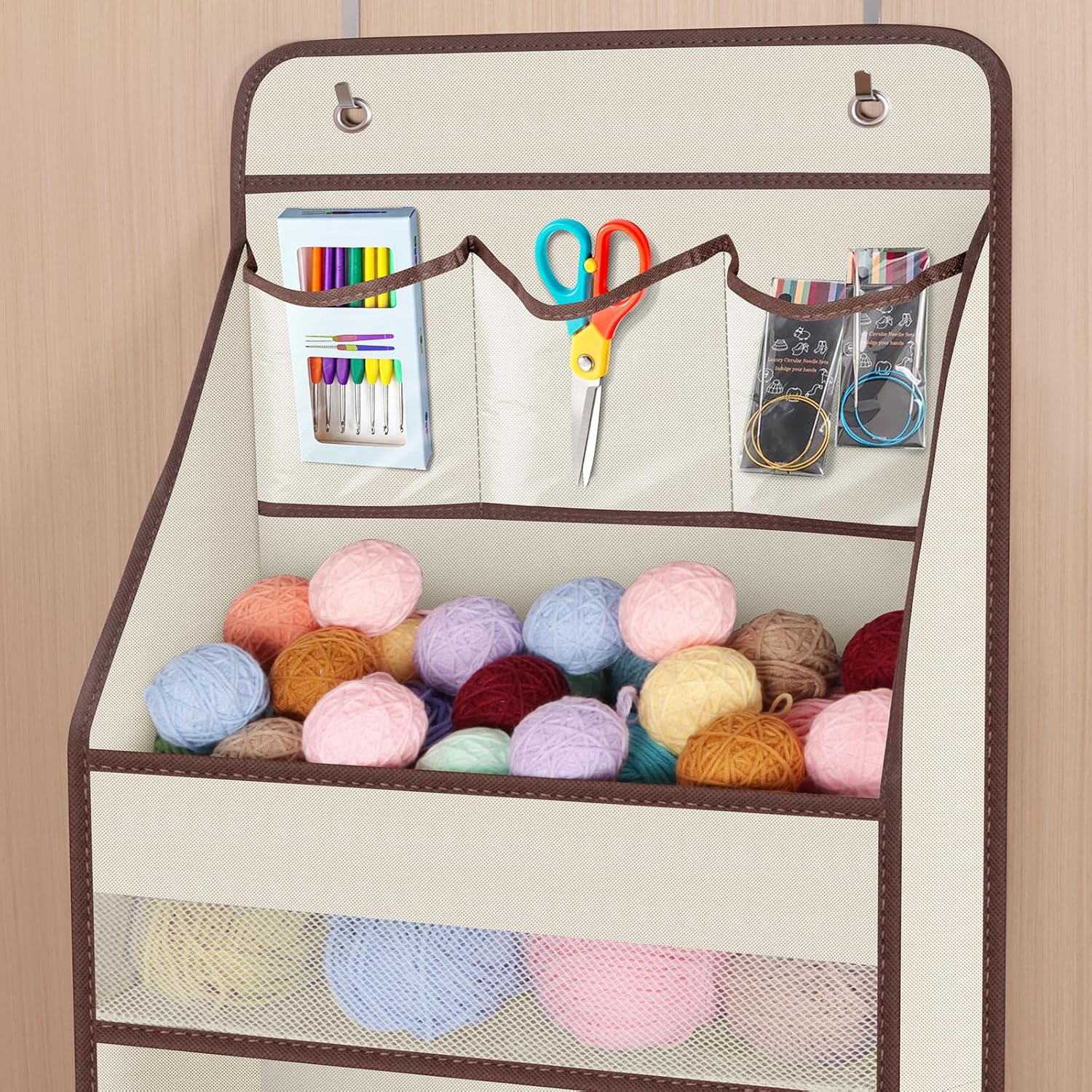 Univivi 6-Shelf Over Door Hanging Organizer Fabric Baby Door Storage with 5 Large Pockets and 3 Small PVC Pockets Wall Mount Hanging Storage Organizers for Baby Essential (Beige)