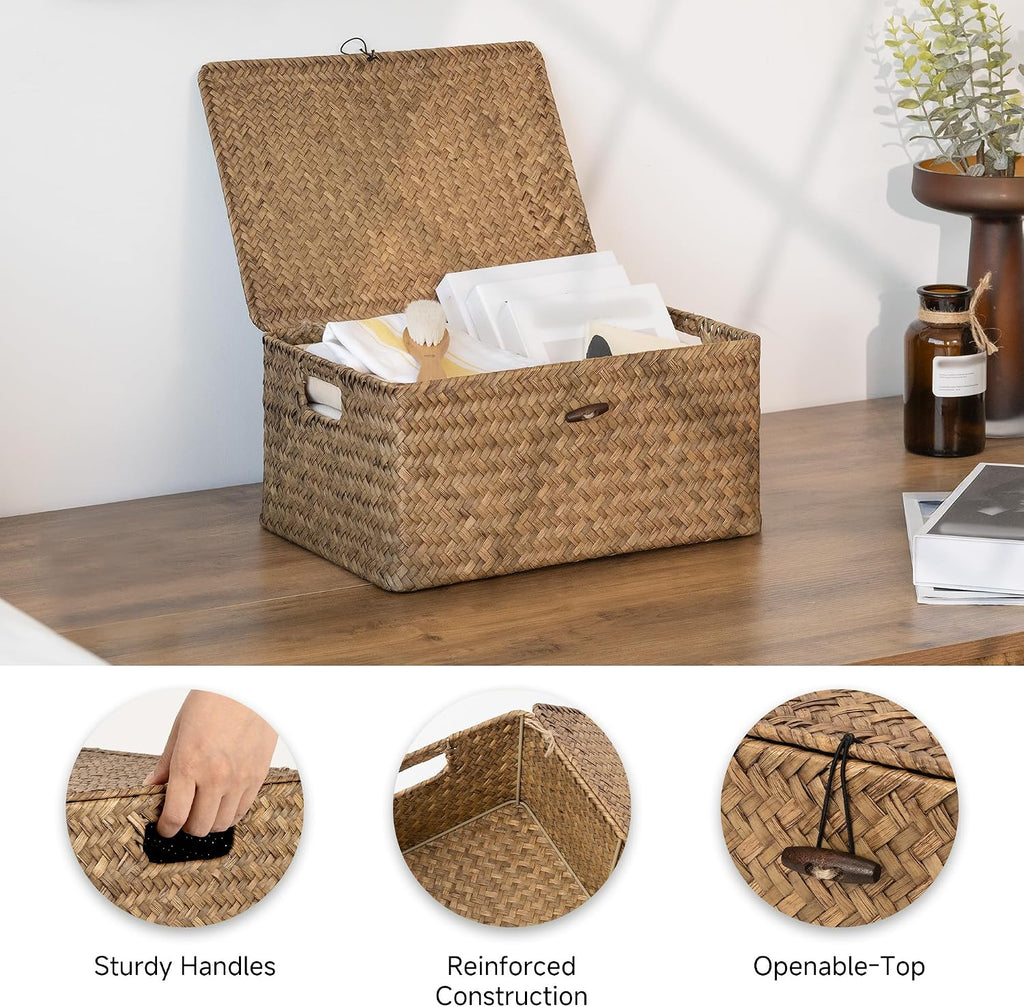 StorageWorks Wicker Storage Basket with Lid, Large Basket with Lid, Brown | Woven Baskets with Lids for Shelves, Wicker Storage Baskets with Lids, Decorative Box, Lidded Baskets for Organizing, 1 Pack