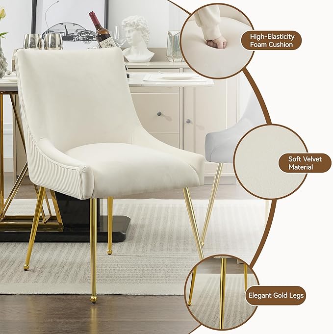 Velvet Dining Chairs Set of 4 Gold Legs,Upholstered Velvet Accent Chairs, Pleated Back Design & Gold Pull Handle, Mid Century Modern Chairs for Dining/Kitchen/Living Room,Beige