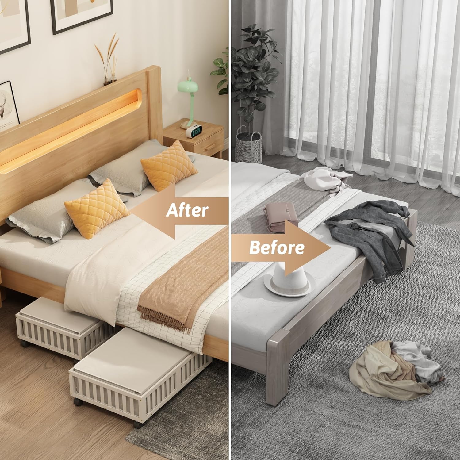 Bamboo Under Bed Storage Containers with Wheels, 2 Pack Under the Bed Shoe Storage Bins, Wood Rolling Underbed Drawers Organizer for Bedroom, Closet, Clothes Blanket Comforter and Under Crib Toy White