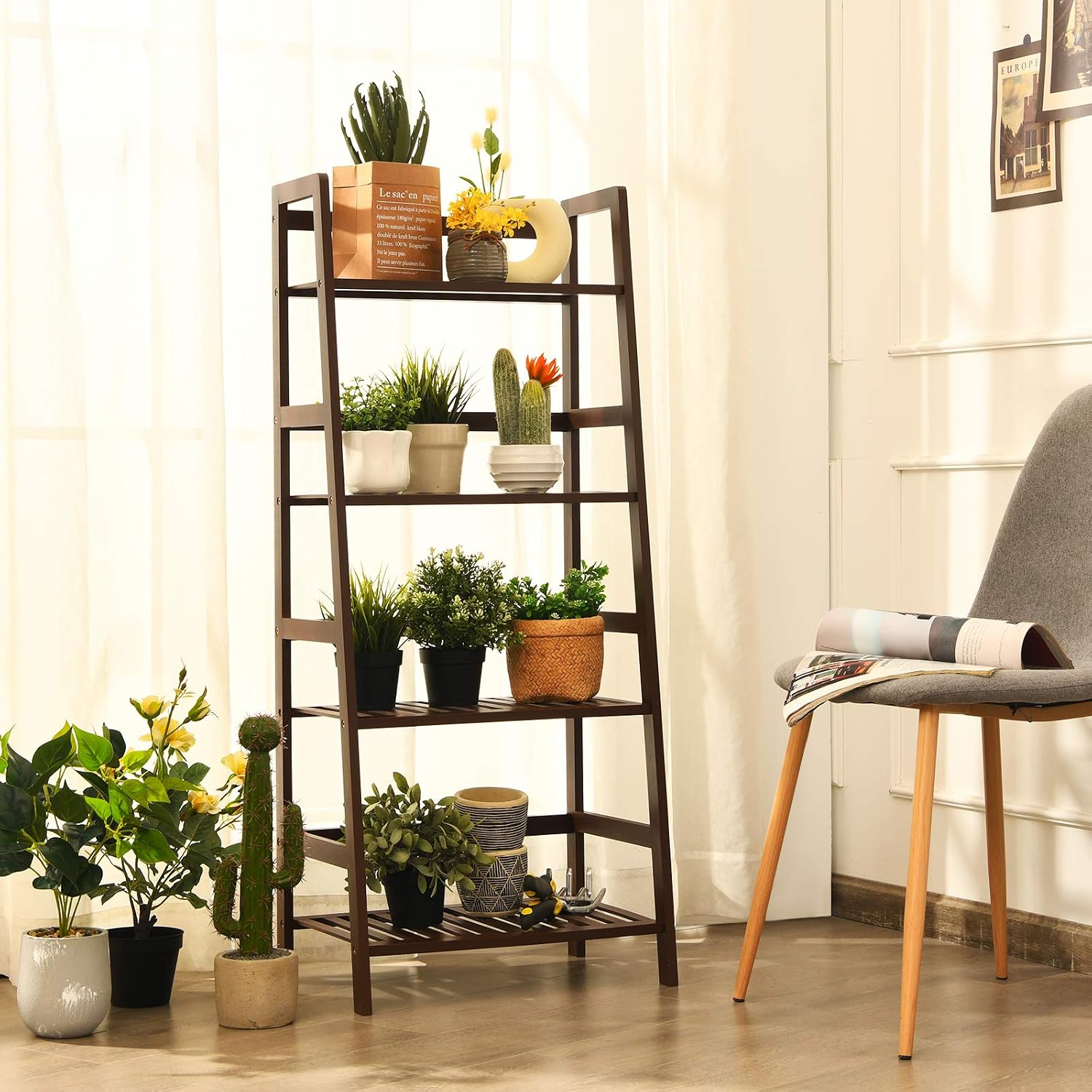 Giantex 4-Tier Ladder Shelf, Multifunctional Ladder-Shaped Bookcase Storage Shelves, Bamboo Plant Stand Flower Pots Holder, Display Rack for Living Room Bathroom Bedroom Kitchen (Espresso)
