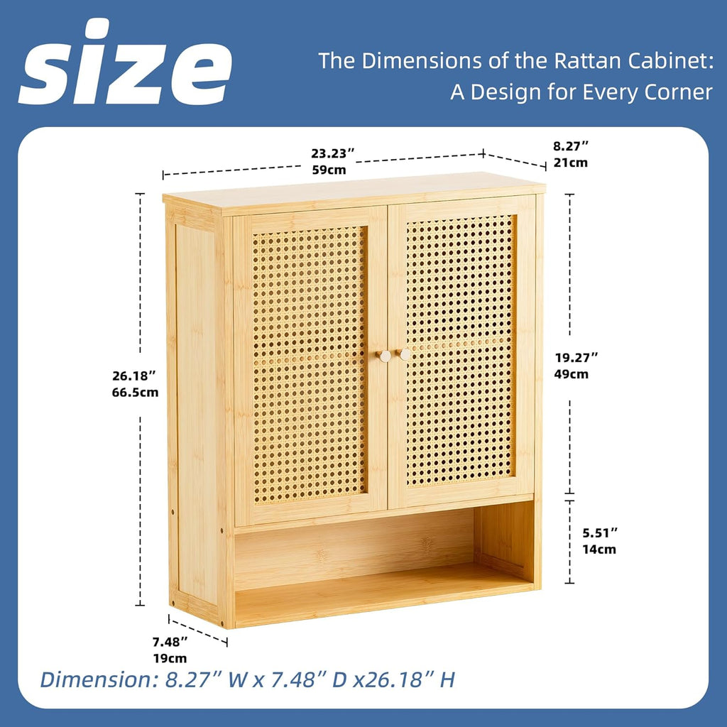 HITNET Bathroom Cabinet Wall Mounted, Rattan Medicine Cabinet, Bamboo Hanging Storage Organizer Over The Toilet with Adjustable Shelf for Living Room, Kitchen, Entryway (Natural)