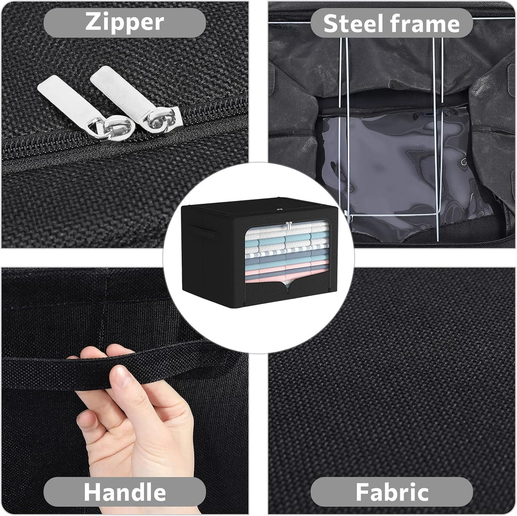 FHSQX 3 Pack Clothes Storage Bins Foldable Metal Frame Storage Box Stackable Linen Fabric Organizer Set with Carrying Handles and Clear Window (Black, 15.7x11.8x7.8inch(22L))