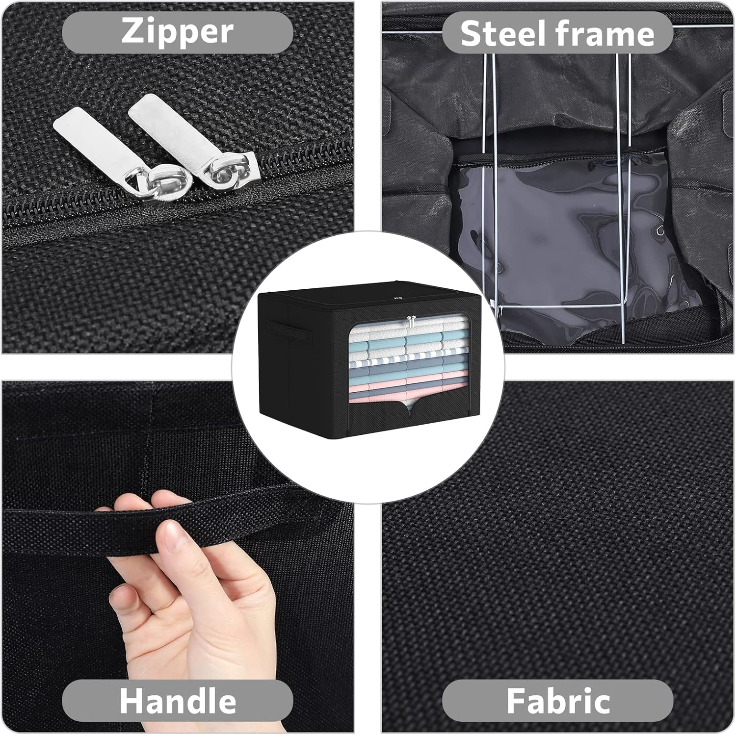 FHSQX 3 Pack Clothes Storage Bins Foldable Metal Frame Storage Box Stackable Linen Fabric Organizer Set with Carrying Handles and Clear Window (Black, 15.7x11.8x7.8inch(22L))