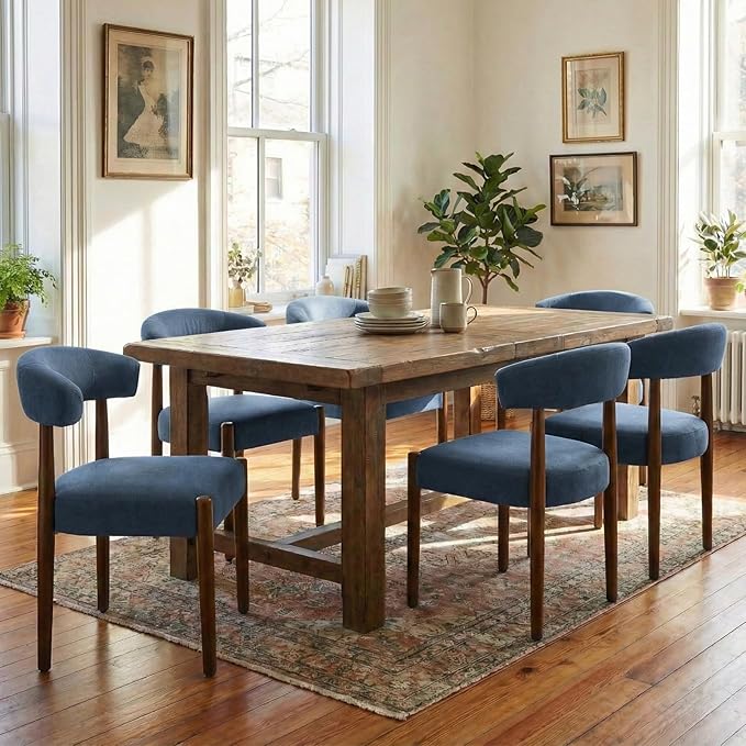 VKNOW Wooden Dining Chairs Set of 6, Modern Upholstered Dining Room Chairs with Walnut Wood Legs and Curved Backrest, Fabric Kitchen Chairs for Farmhouse/Living Room/Dining Room, Blue