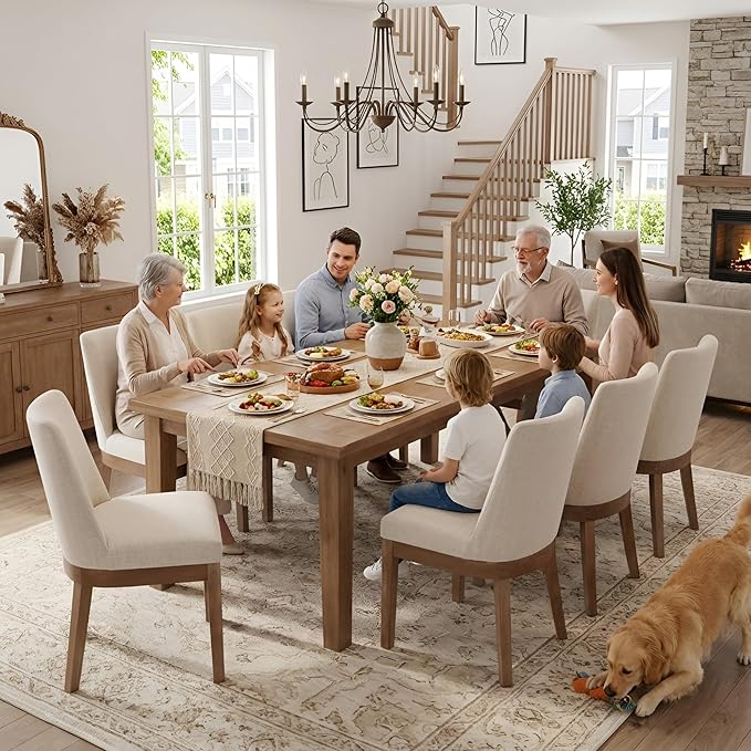 HNY Modern Dining Chairs Set of 4 with Comfortable Back Support, Farmhouse Soft Linen Upholstered Kitchen Dining Room Chairs with Solid Wood Legs, Armless Accent Side Chairs for Living Room, Beige
