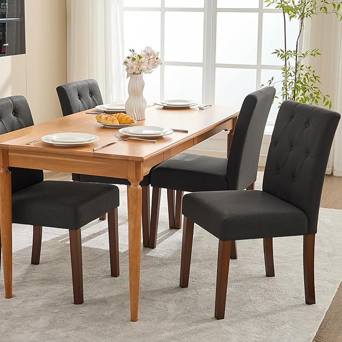 Upholstered Dining Chairs Set of 2, Button Tufted Parsons Chairs with Wood Legs and Padded Seat, Modern Fabric Side Chairs for Dining Room Kitchen Farmhouse Hotel, Black