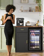 39" Mini Fridge Cabinet, Coffee Bar with Mini Fridge Space, Black | Coffee Bar Cabinet, Mini Fridge Compatible, Drawer Storage, Adjustable Shelf, Wood Grain Countertop, Living Room or Home Bar