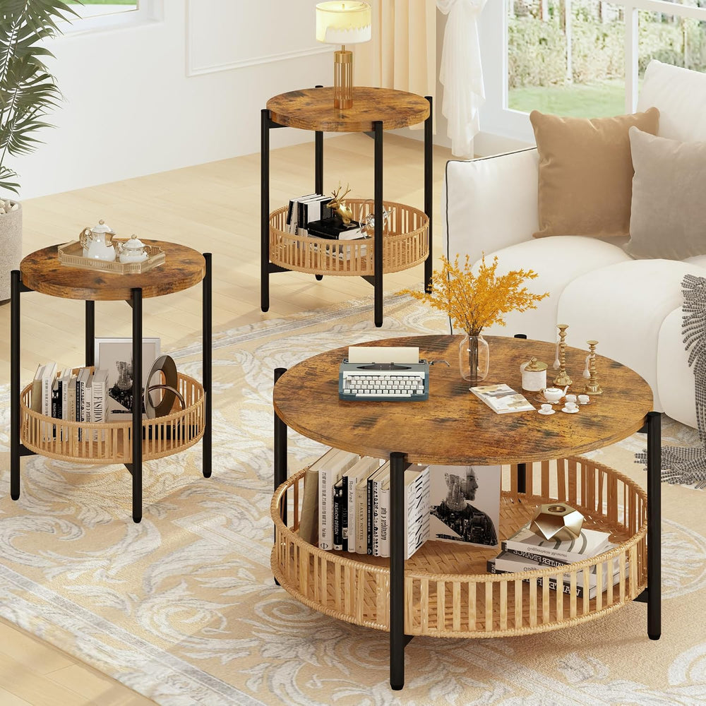 AWQM 3 Pieces Coffee Table Set for Living Room, 2 Tier Round Rattan Coffee En...