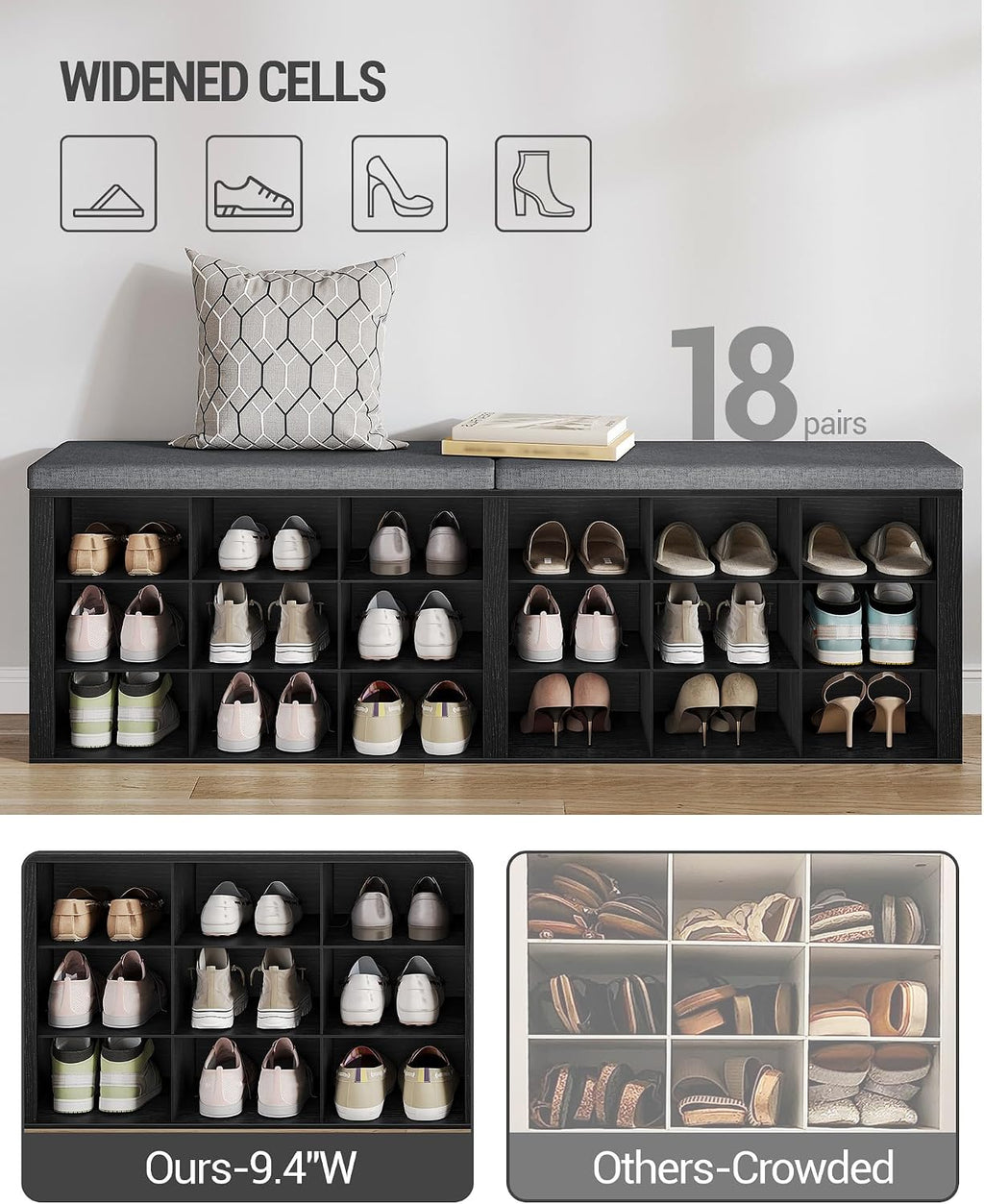 Hzuaneri Shoe Storage Bench with Cushion, Entryway Storage Bench with 18 Cubbies, 9.5" Widened Organizer Cabinet, Long Cubby Rack for Living Room, Bedroom, Entryway, Black SB25704GY | 9.5" Widened Organizer Cabinet, large Cubby Shoe Rack for Living Room