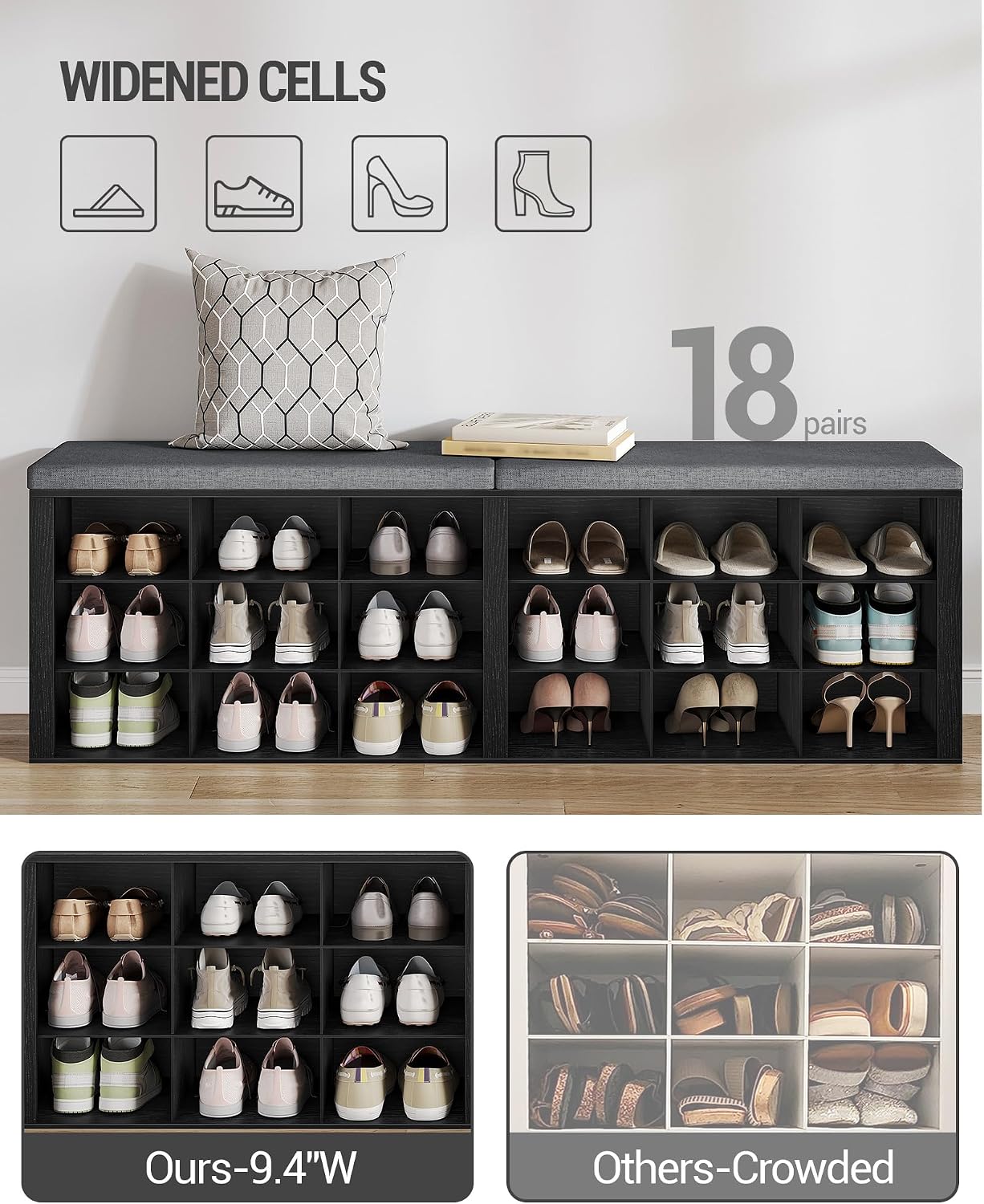 Hzuaneri Shoe Storage Bench with Cushion, Entryway Storage Bench with 18 Cubbies, 9.5" Widened Organizer Cabinet, Long Cubby Rack for Living Room, Bedroom, Entryway, Black SB25704GY | 9.5" Widened Organizer Cabinet, large Cubby Shoe Rack for Living Room