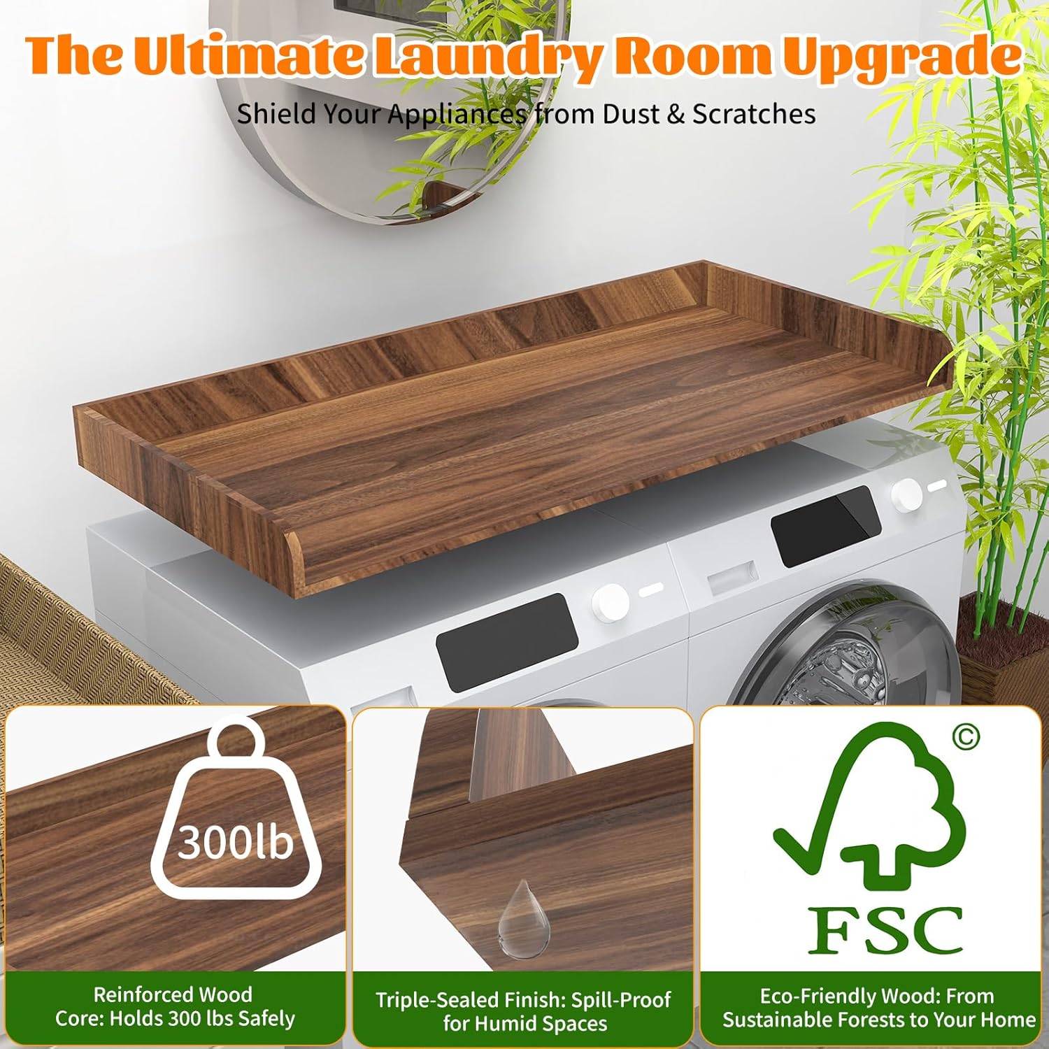 Washer Dryer Countertop, Laundry Room Wood Countertop with Edge, 54" x 27.5" Top Cover for Laundry Machine, Washer and Dryer Wood Shelf Topper for Laundry Room Counter Storage Organization, Walnut