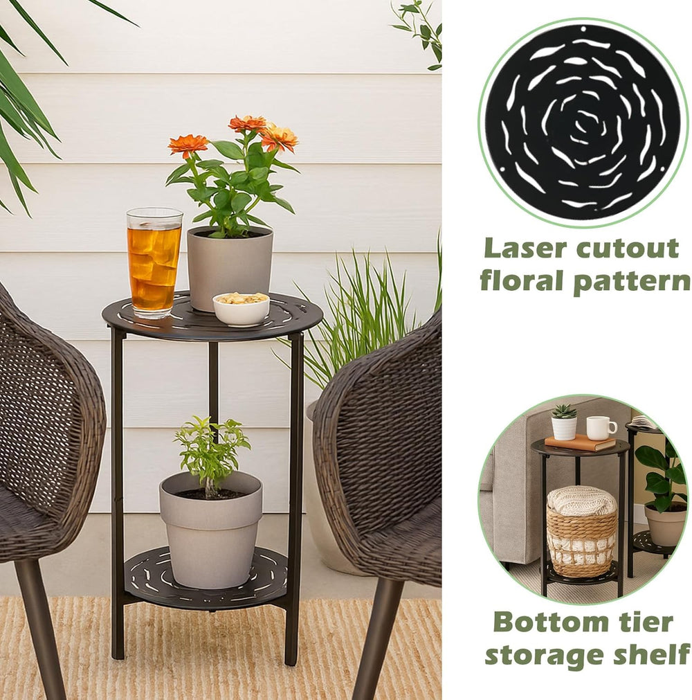 2-Tier Metal Round Side Table Black Accent Coffee Tables Small Space Corner P...