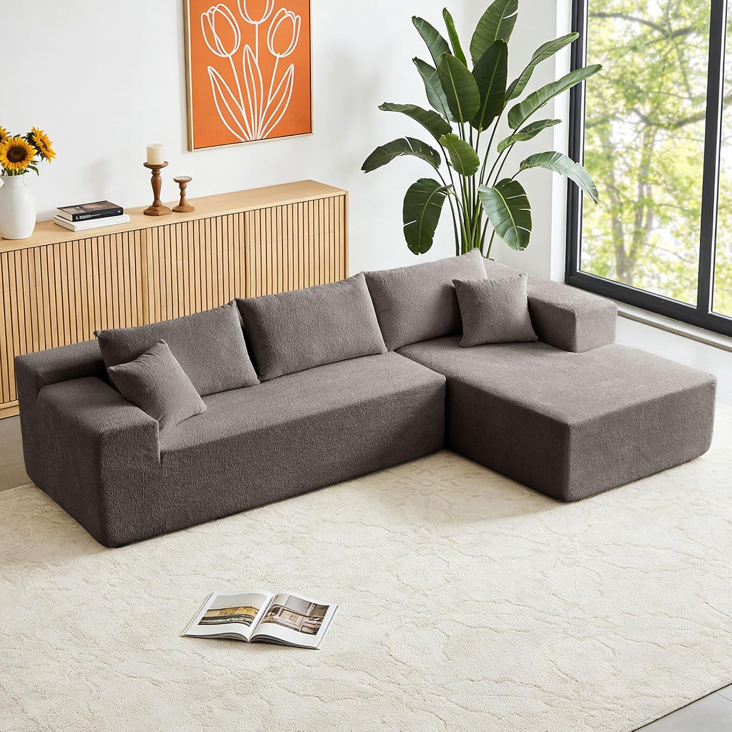 104" Cloud Sectional Couch, Modern Modular L Shape Sectional Sofa with Deep Seat Chaise, Comfy Boucle Boneless Couches for Living Room (Light Grey, Right Chaise)